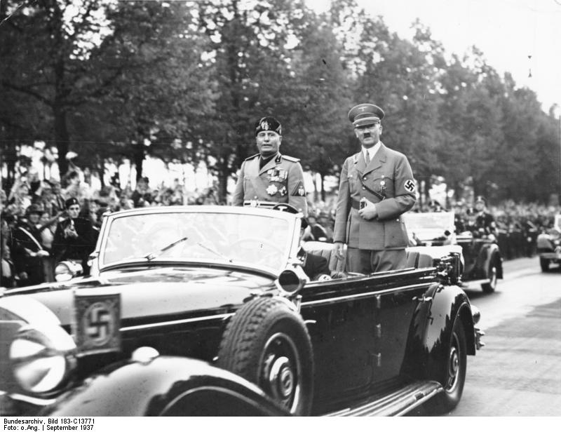 Adolf Hitler and Benito Mussolini on a car parade through Berlin